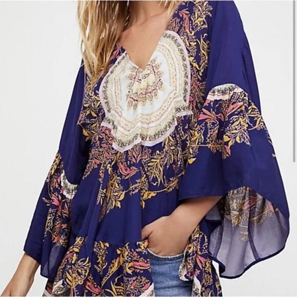 Free People Printed Tunic V-Neck High Low Mandala Shirt Top Size M - Picture 1 of 6